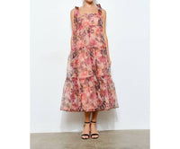 INA Fashion Organza Floral Tiered Midi Dress in pink - women's dress