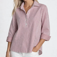 Hinson Wu Aileen 3/4 Sleeve Stripe Button Back Blouse in red - women's blouse - detail view