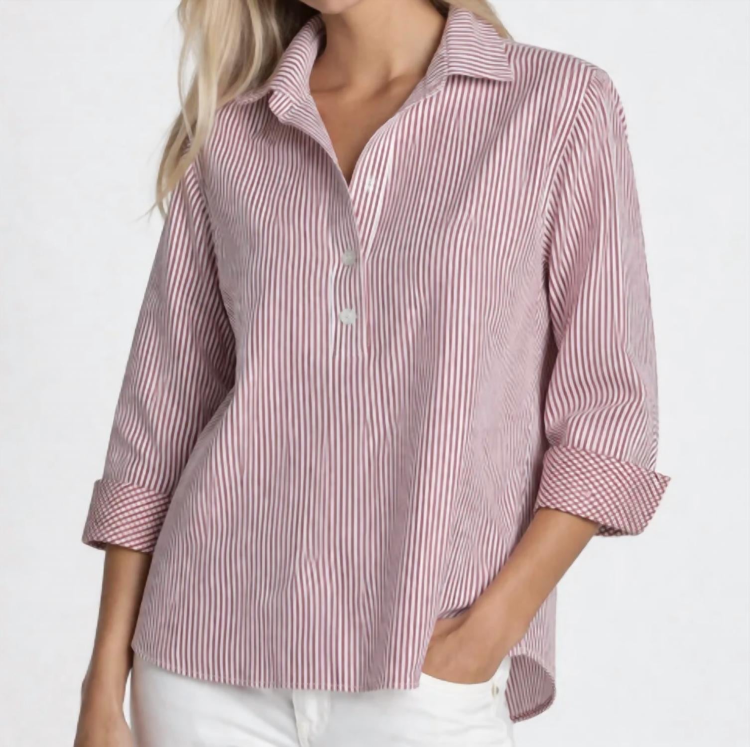 Hinson Wu Aileen 3/4 Sleeve Stripe Button Back Blouse in red - women's blouse - detail view