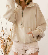Bibi - Stitch Detailed Elastic Hem Half Zip Hoodie