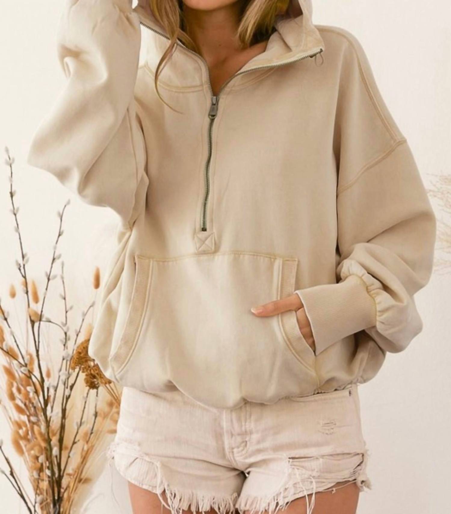 Bibi - Stitch Detailed Elastic Hem Half Zip Hoodie