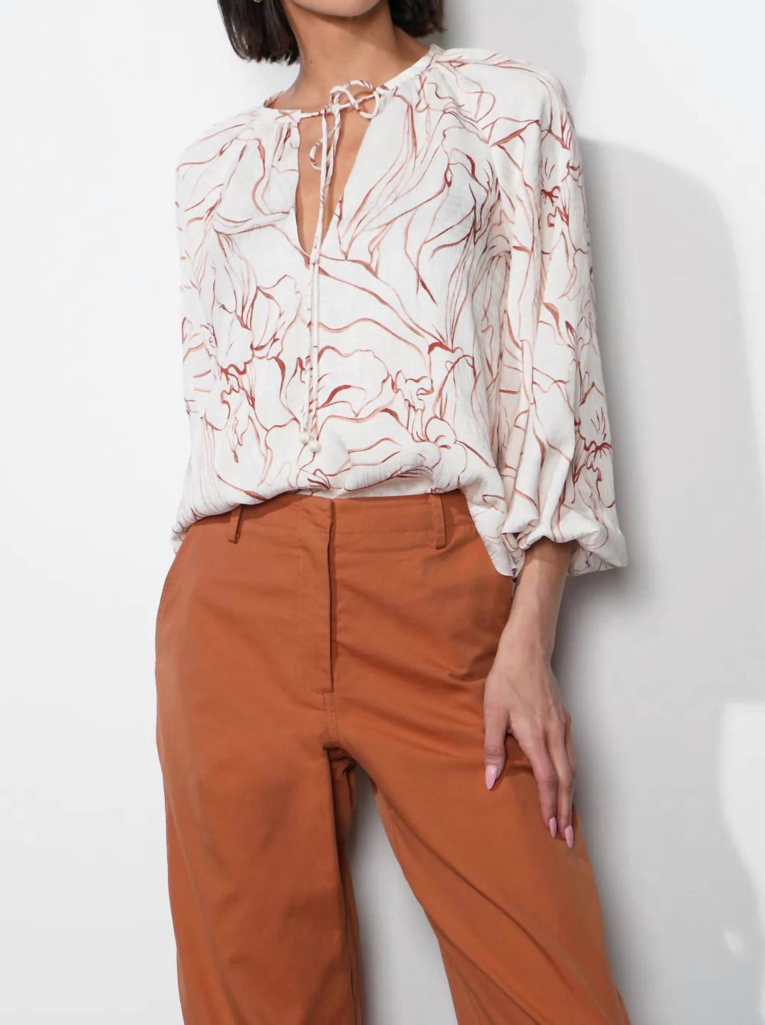 GREYLIN Penelope Bubble Sleeve Tie Neck Blouse in ivory - women's blouse - alternate view