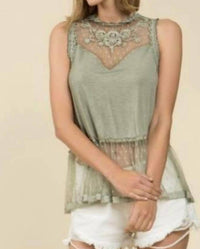 POL Sleeveless Lace Blouse in military green - women's blouse