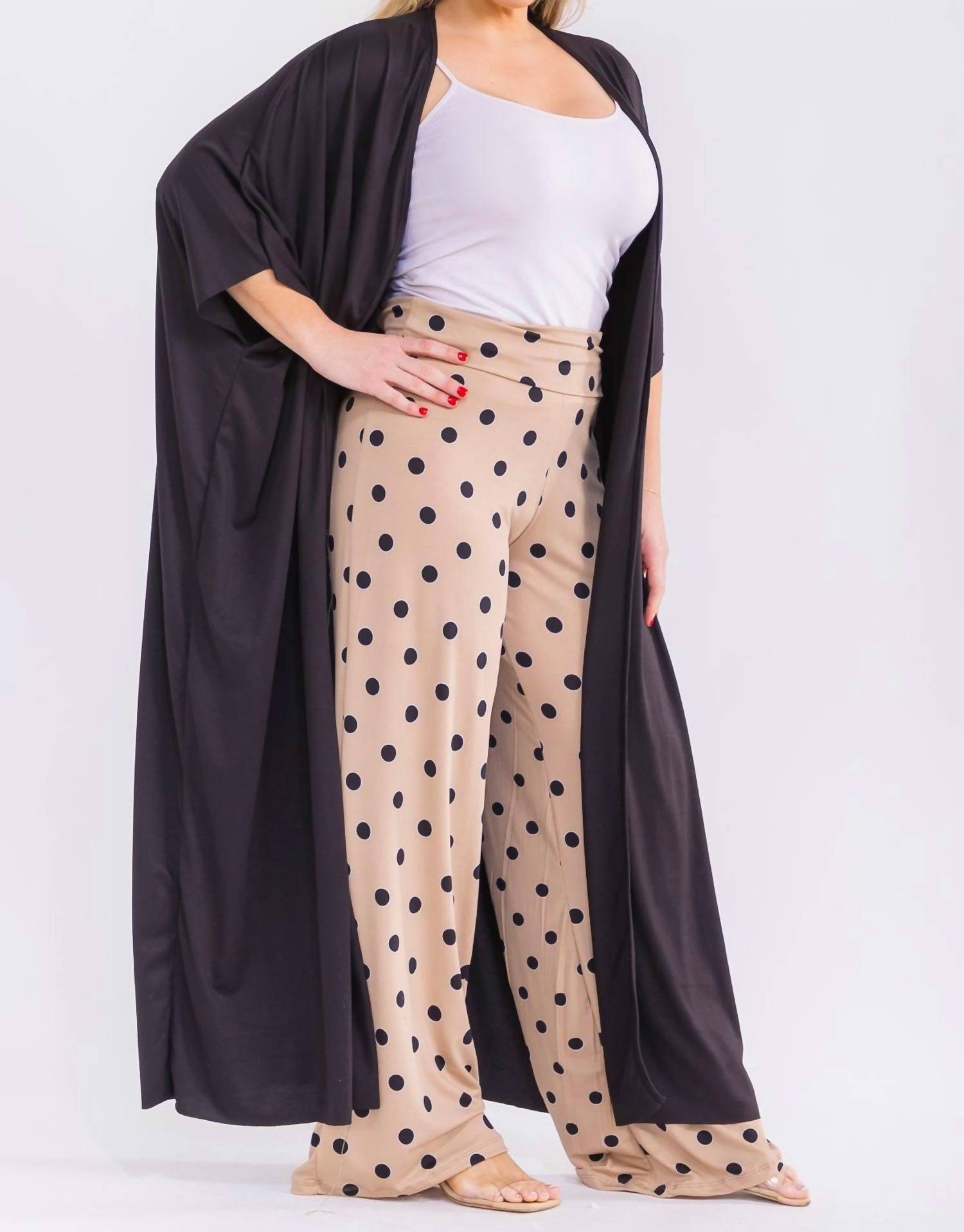 Karen T Design Dotted Print Pant Set in beige - women's sleepwear - detail view