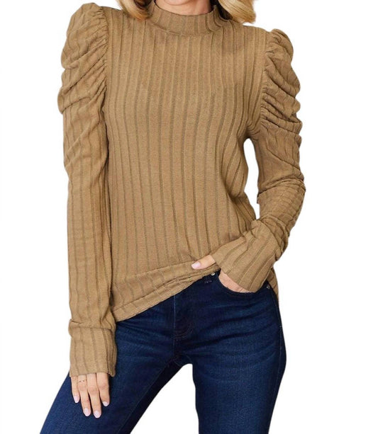 Basic Bae - Ribbed Mock Neck Top With Puff Sleeves