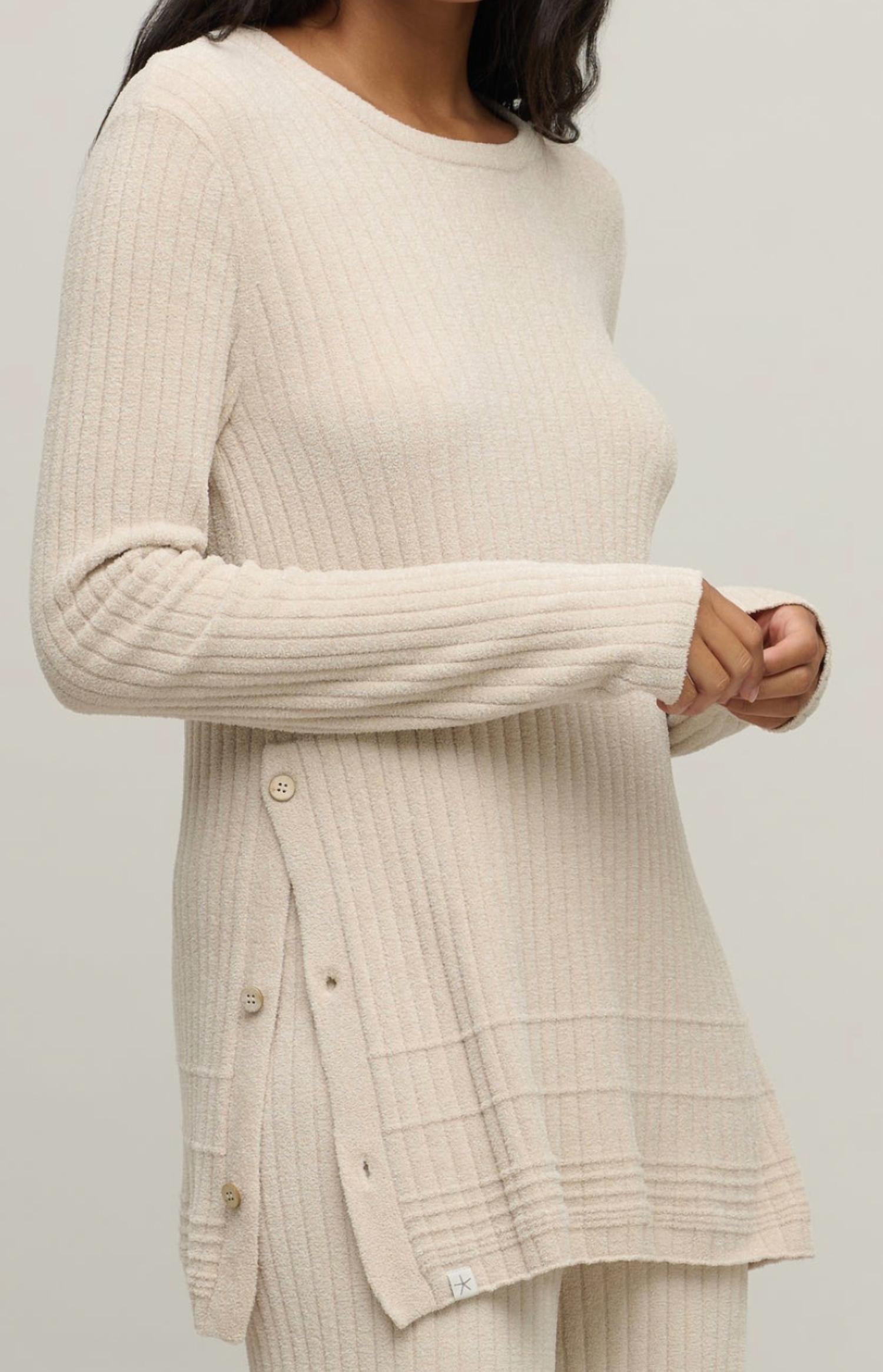 BAREFOOT DREAMS Textured Rib Pullover Side Button Top in stone - women's long sleeve top - detail view