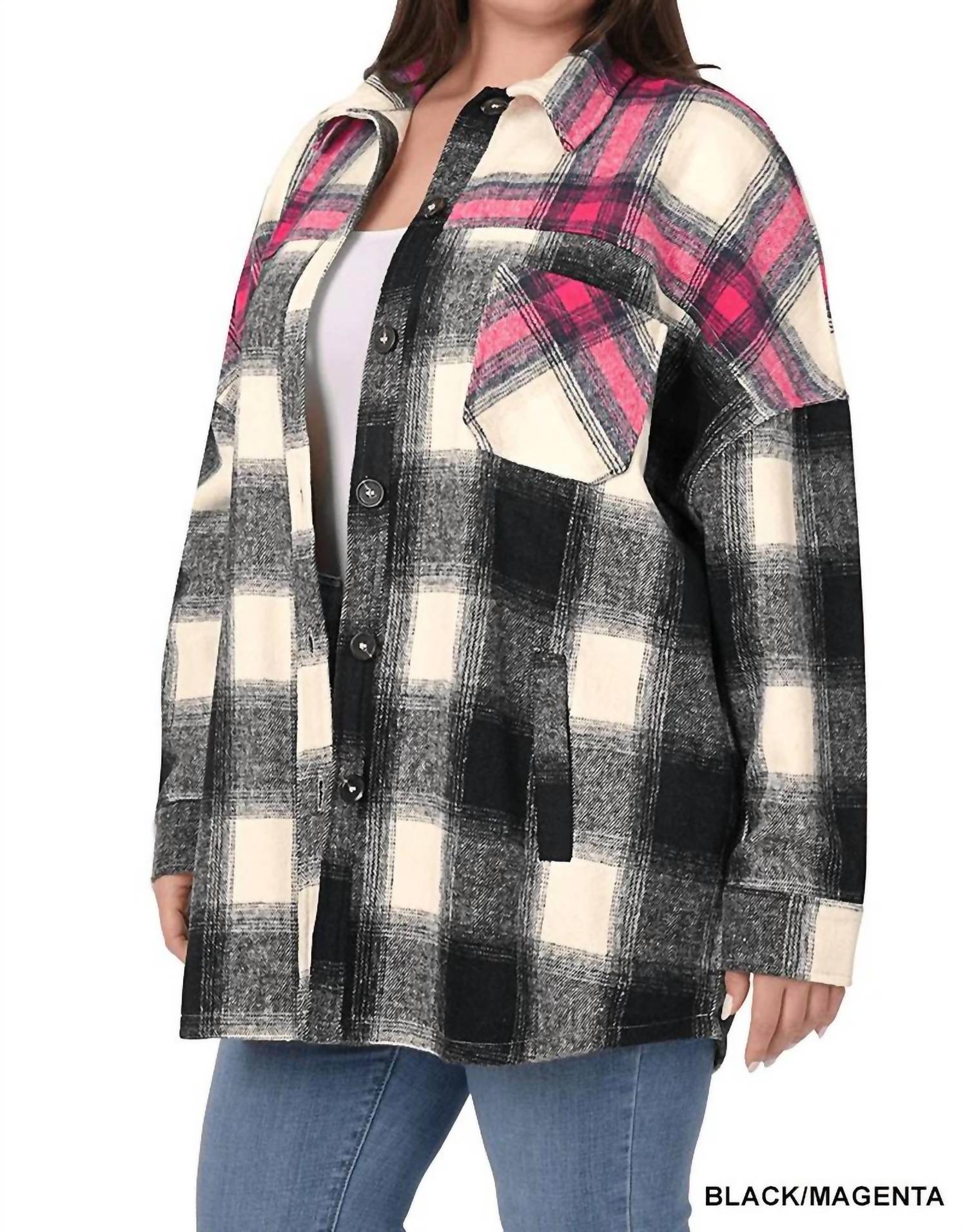 Zenana - Plaid Flannel Long Line Shirt Jacket With Pockets - Curvy