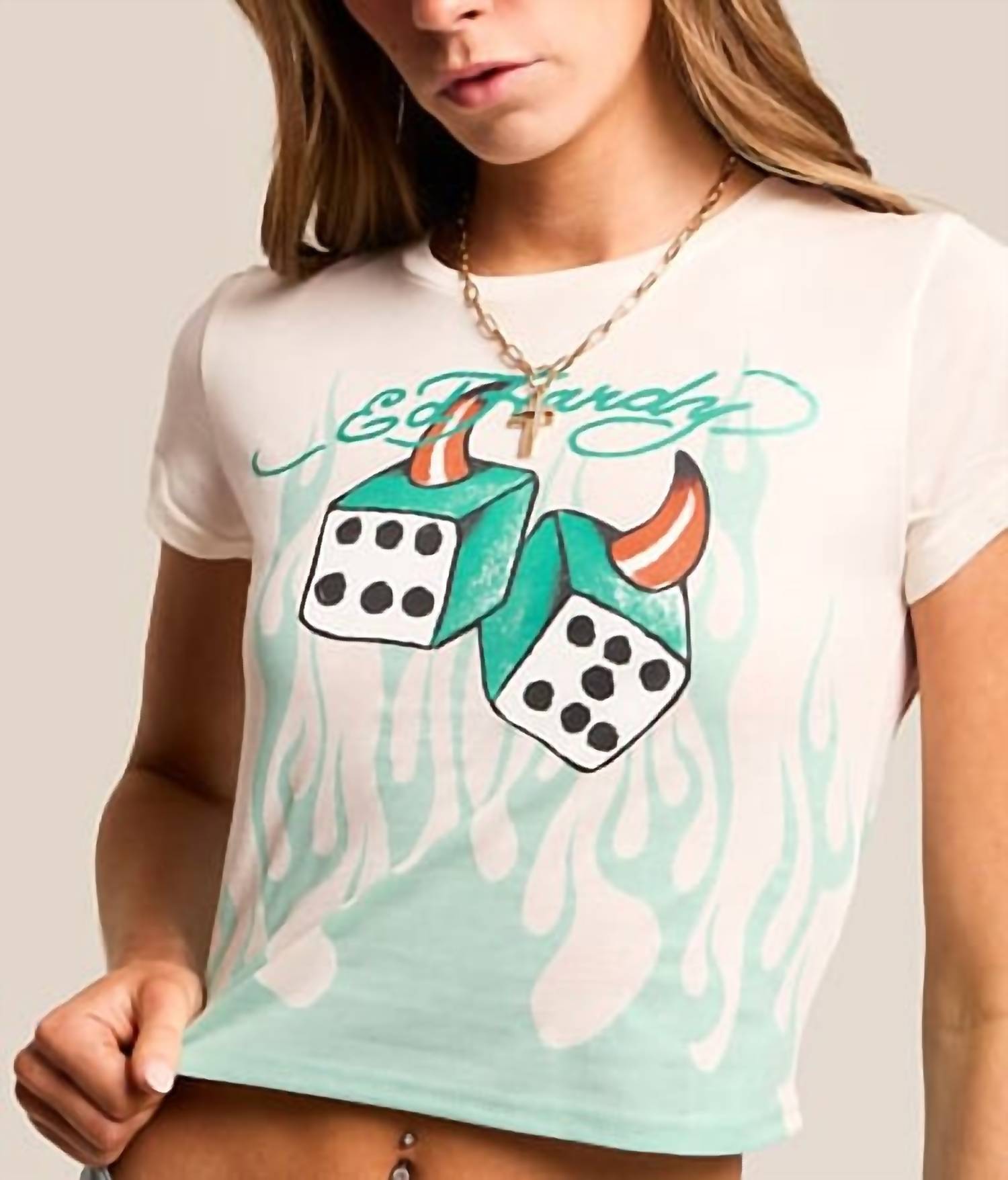 Ed Hardy Deviled Dice Baby Cropped T-shirt in ivory - women's shirt - detail view