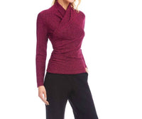 Karen Kane Long Sleeve Metallic Crossover Side-shirred Top - Petite in magenta - women's sweater - detail view