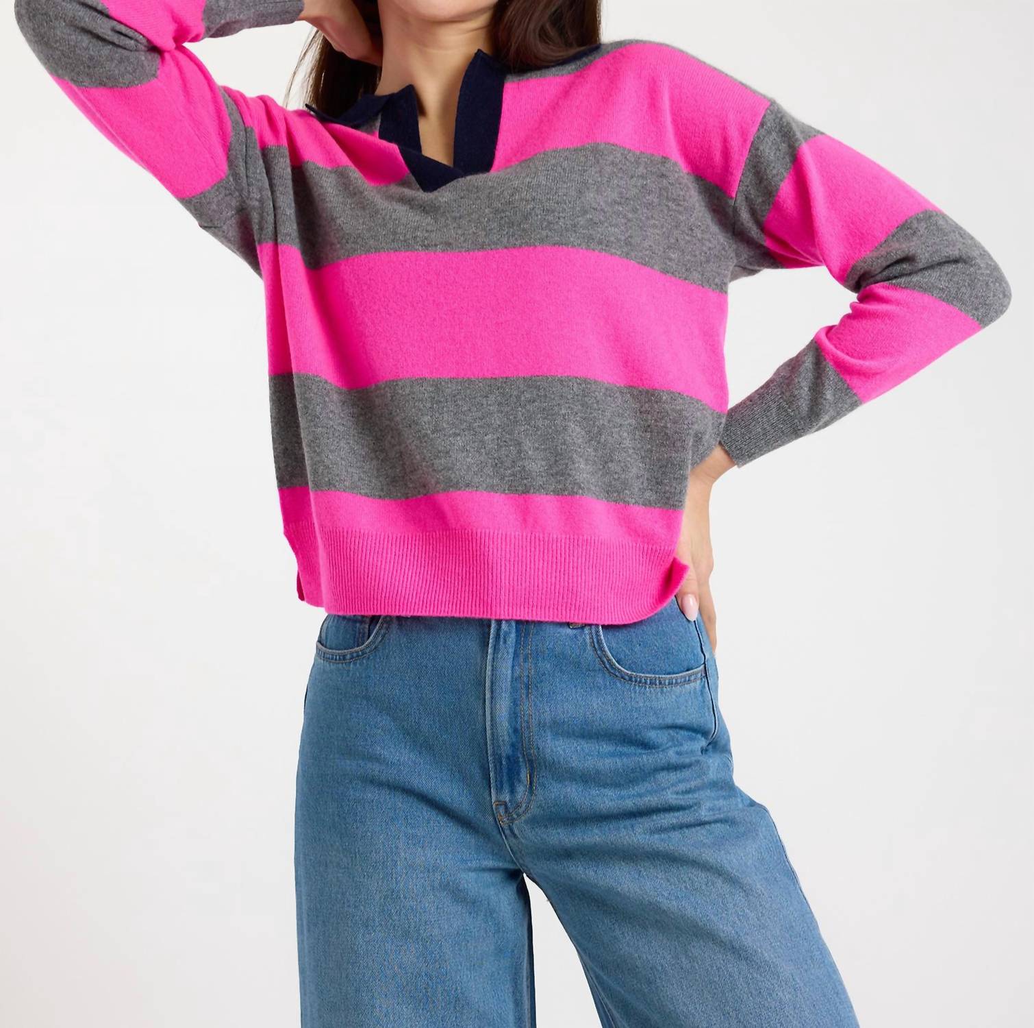 Brodie Cashmere Ruby Rugby Cashmere Polo in mid grey - women's long sleeve top