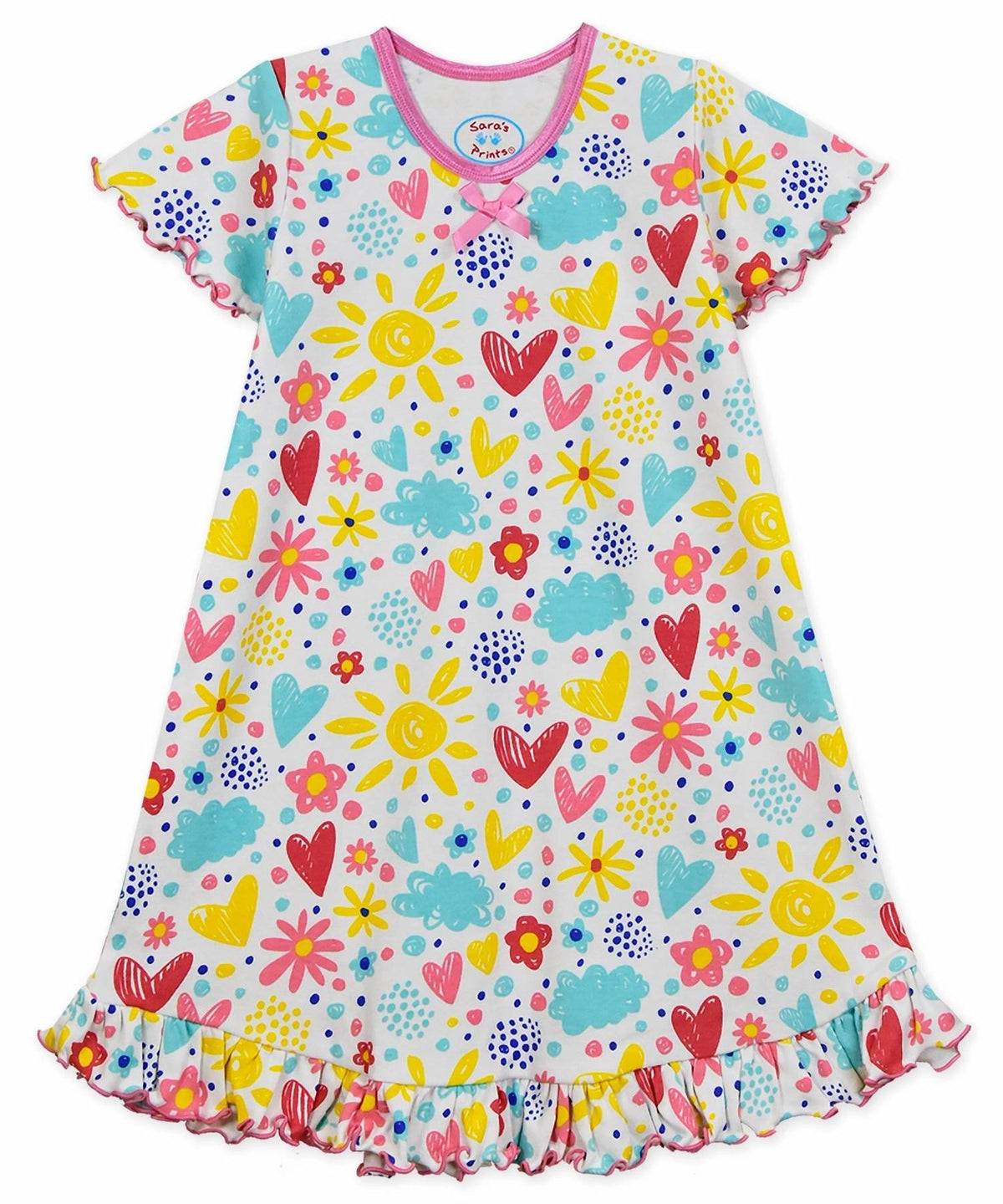 Sara'S Prints - Girls Short Sleeve Ruffled I Love Flower Nightgown