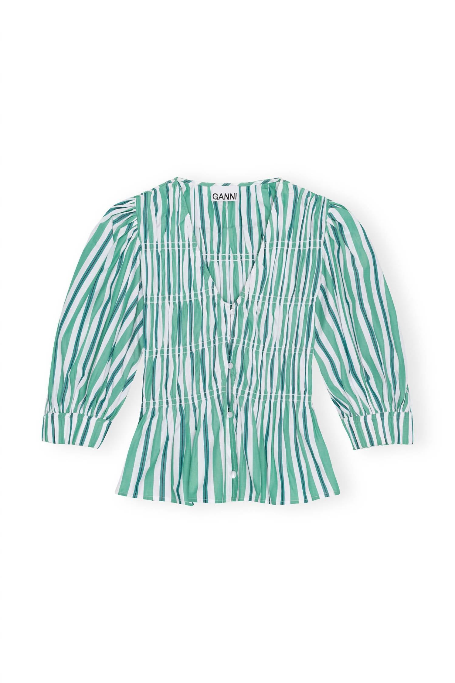 Ganni - Stripe Cotton V-neck Blouse