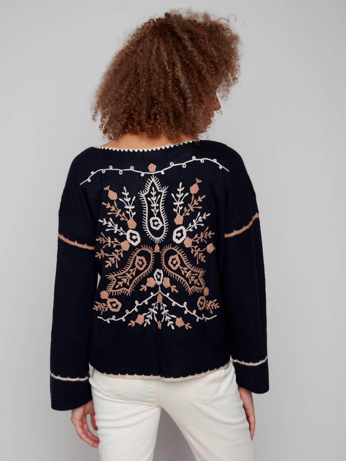 Charlie B - Ribbed V-neck Notched Soutache Sweater