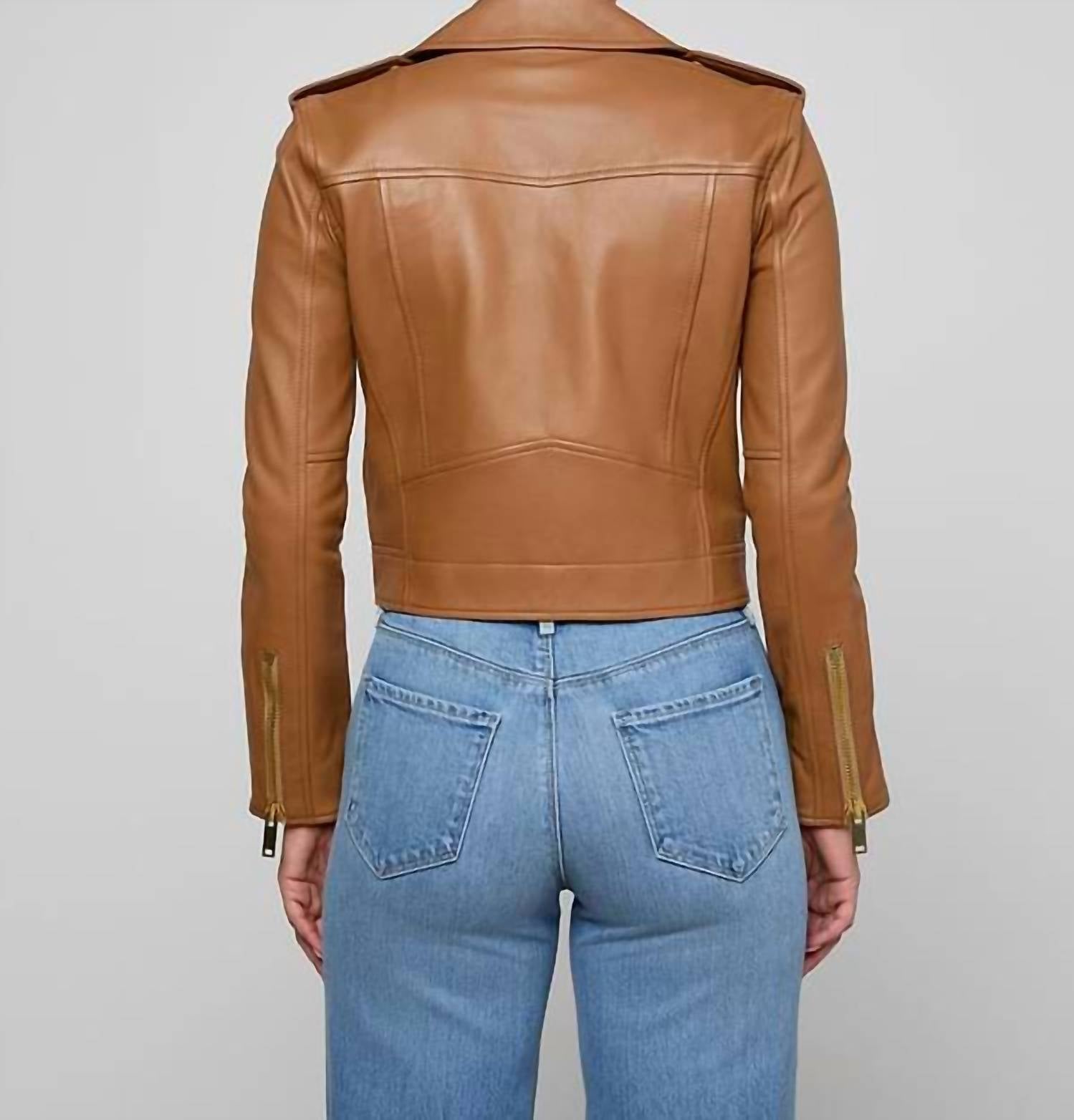 L'Agence Blakely Leather Biker Jacket in soft cognac - women's jacket - detail view