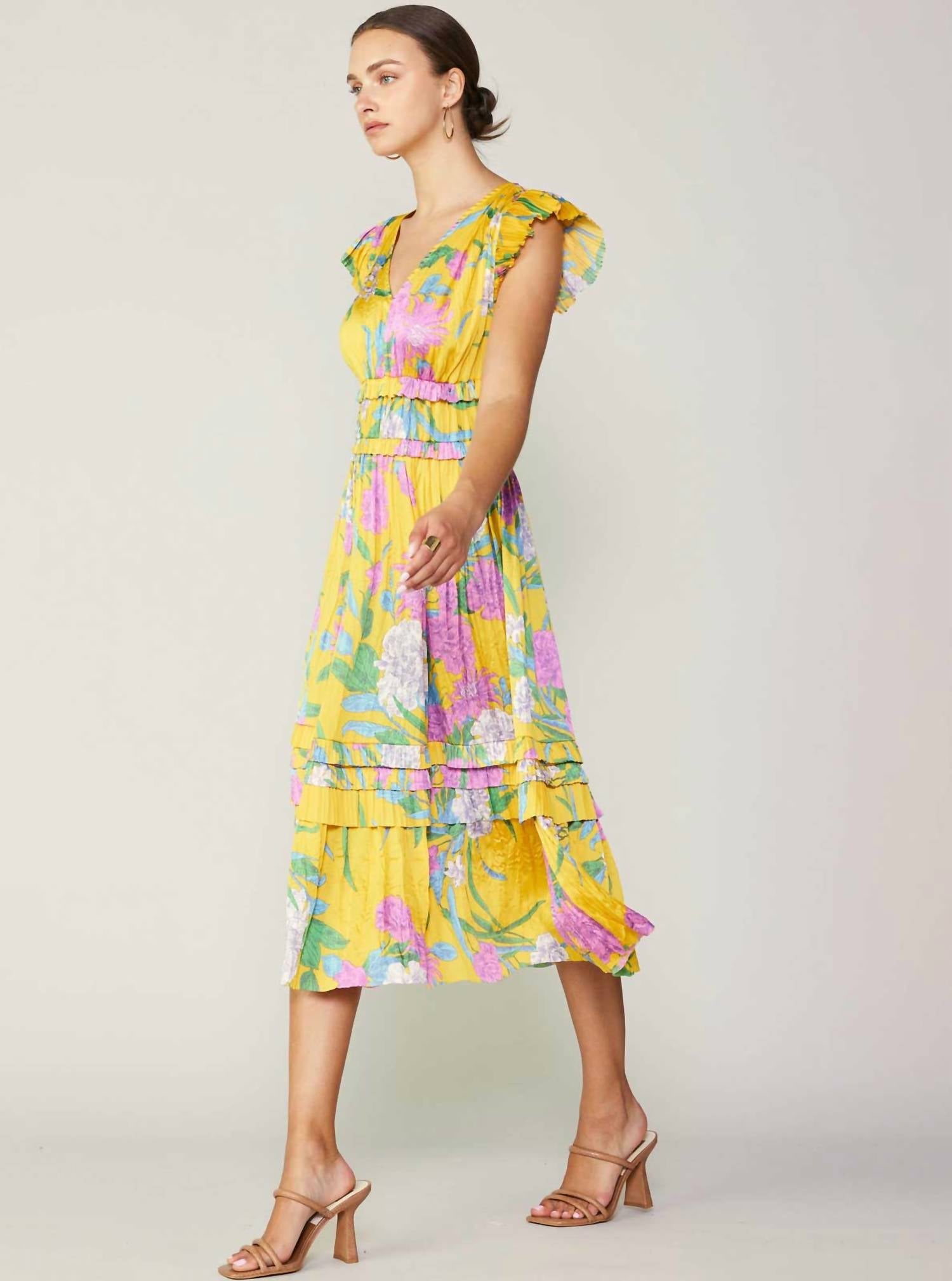 Current Air - Marigold Multi Floral Print Pleated Midi Dress