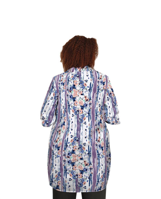 On The Plus Side - Printed Long Sleeve Chiffon Button Up Rodie Tunic - Plus