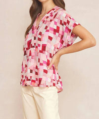 entro V-neck Short Sleeve Blouse in berry mix - women's blouse - detail view