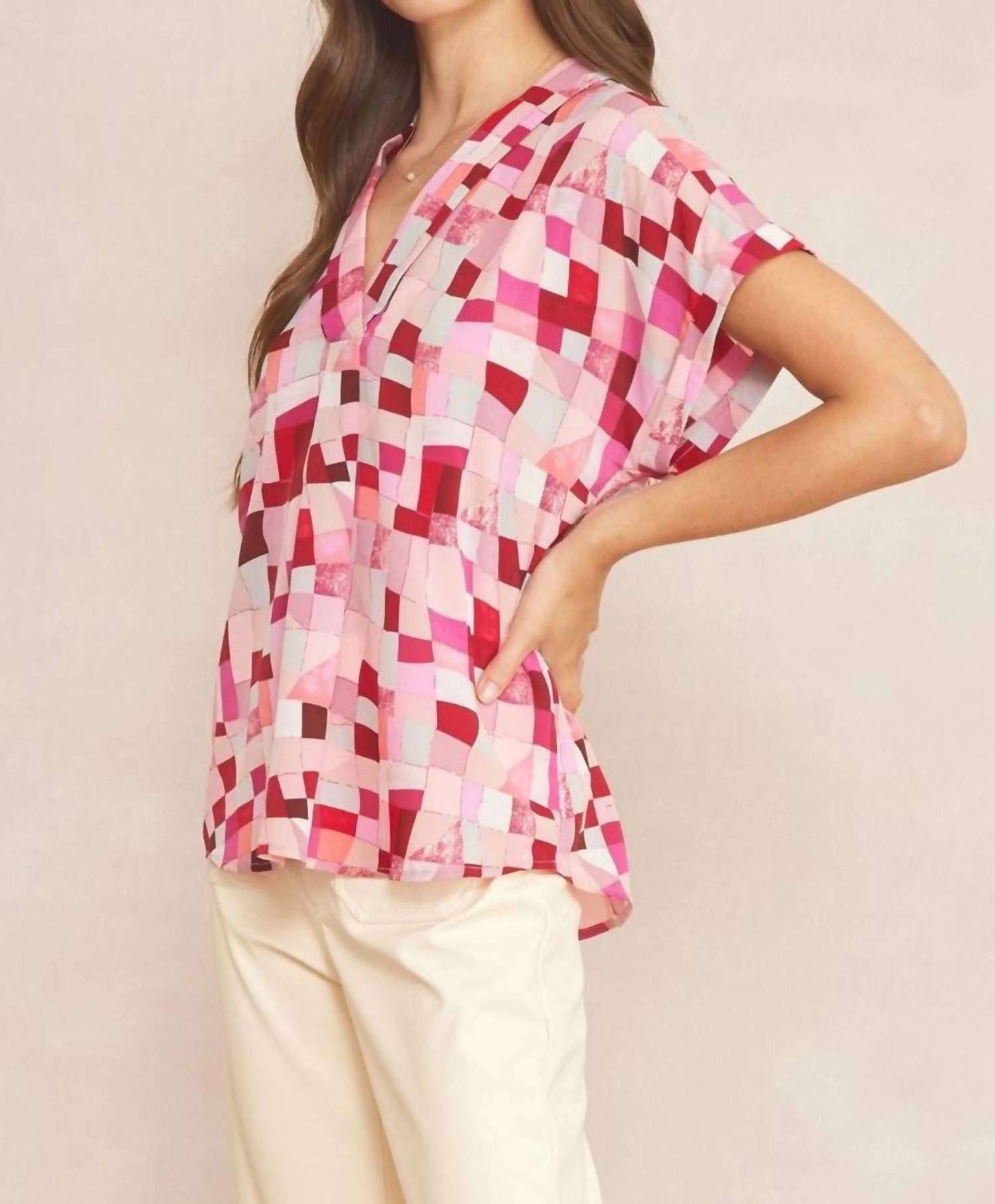 entro V-neck Short Sleeve Blouse in berry mix - women's blouse - detail view