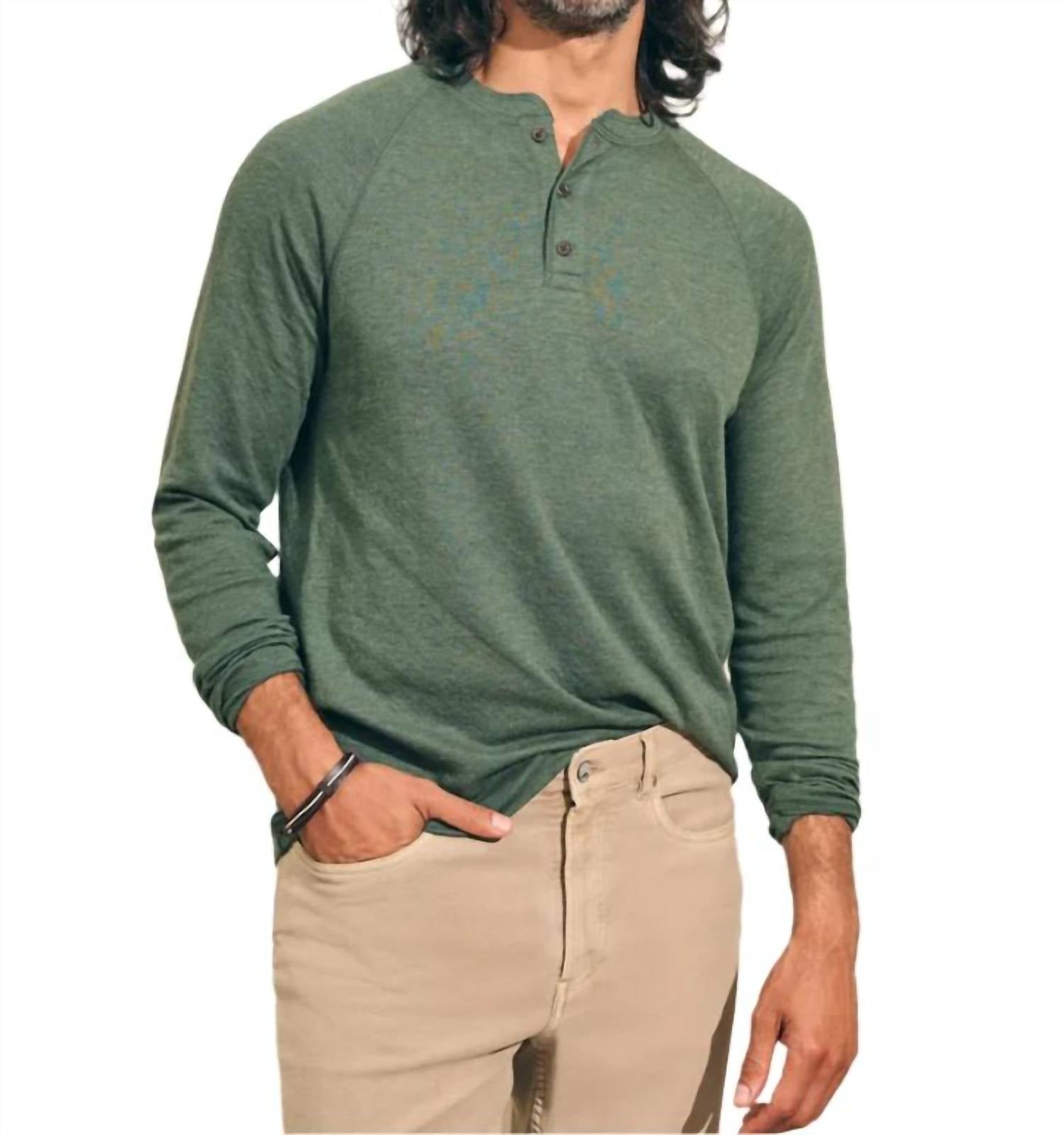 Faherty Men's Long-Sleeve Cloud Henley Top in deep fern heather 1 - men's long sleeve top