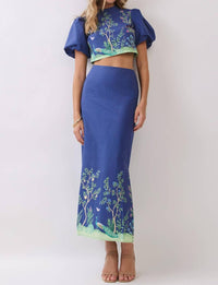 Tcec - Botanical Print Puff Sleeve Crop Top