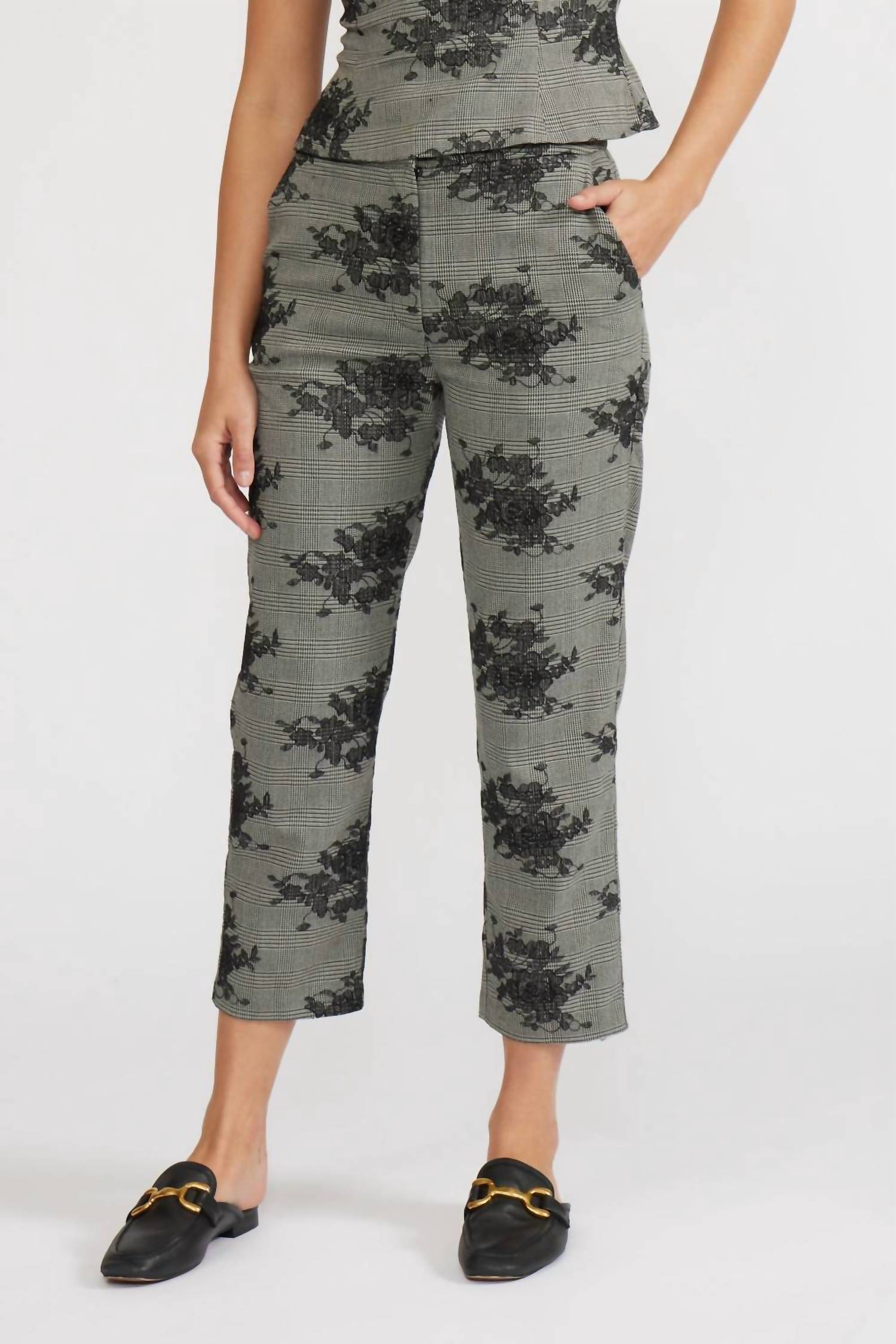 LUCY PARIS Maria Embroidered Pants in grey - women's pants