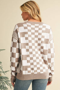 Shewin - Checkered Drop Shoulder Round Neck Sweater