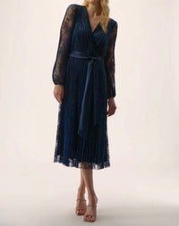 Joseph Ribkoff Sequined Belted Long Lace Sleeve Fit And Flare Dress in midnight blue - women's dress