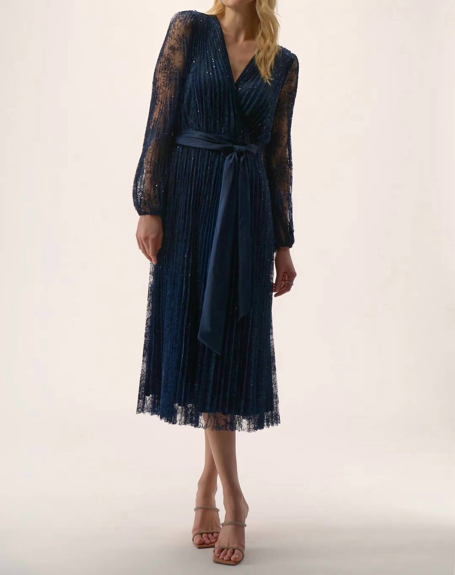 Joseph Ribkoff Sequined Belted Long Lace Sleeve Fit And Flare Dress in midnight blue - women's dress