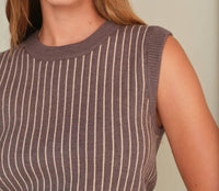 DELUC Bruce Knit Vest in grey stripes - women's tank top - detail view