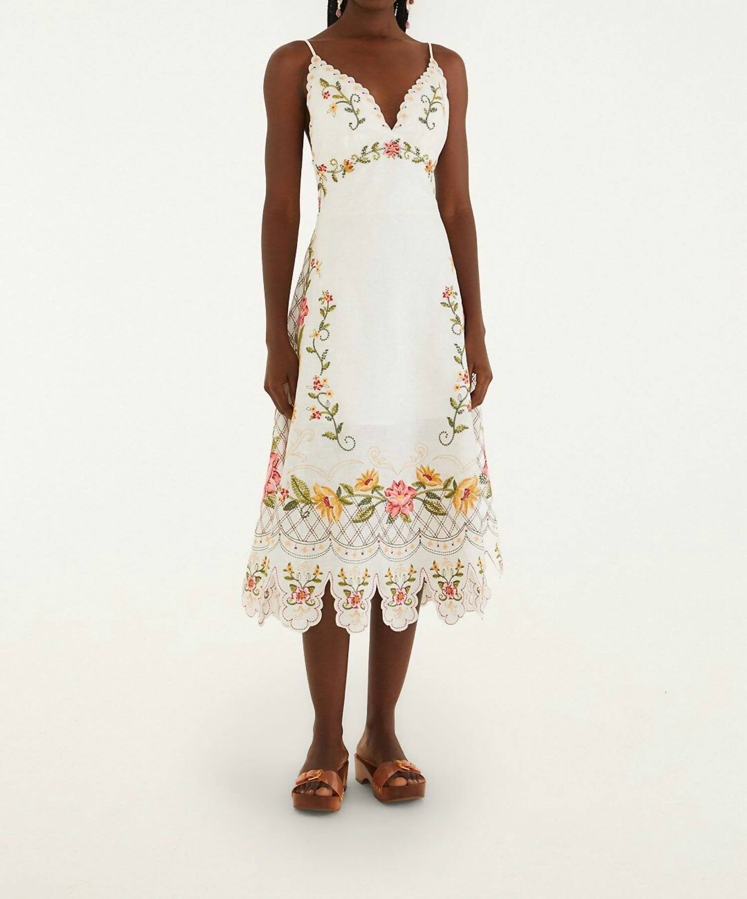 Farm Rio - Flower Embroidery Sleeveless Midi Dress