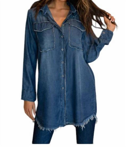 Venti6 - FRINGE EDGE LUREX TRIM LONG SLEEVE DENIM TOP