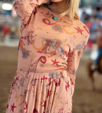 Easel Western Printed Mesh Fitted Top in camel - women's long sleeve top - alternate view