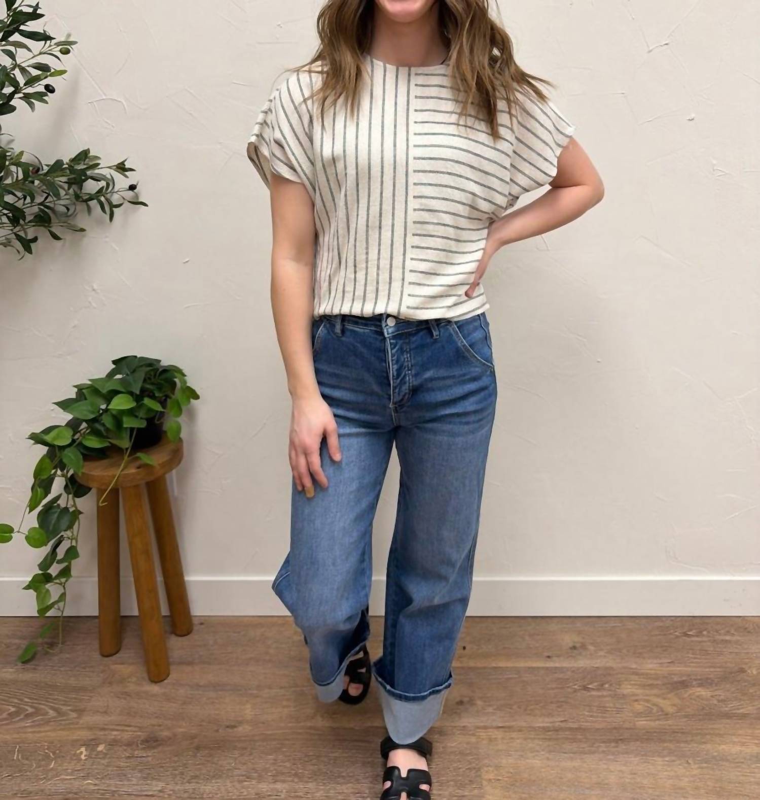 Fun 2 Fun Mixed Stripe Dolman Top in dark natural - women's blouse - view 10