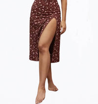 FLORAL-PRINT RUCHED SATIN SLIP MIDI DRESS