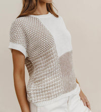 Blu Pepper Color Block Knit Blouse - Plus in taupe - women's blouse - detail view