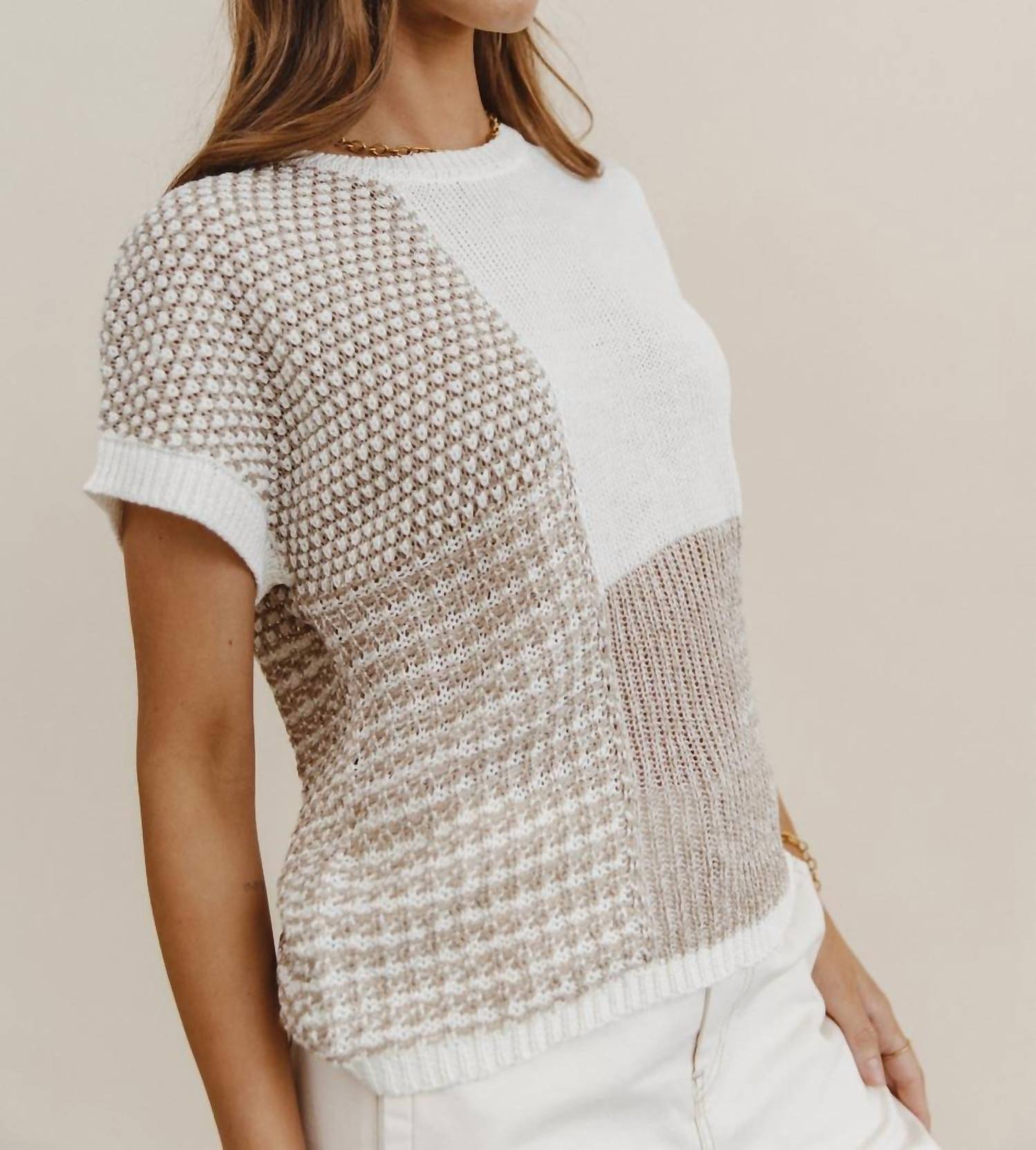 Blu Pepper Color Block Knit Blouse - Plus in taupe - women's blouse - detail view