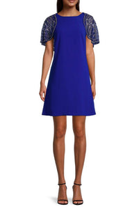 Aidan Mattox - Boat Neck Embellished Mesh Cape Scuba Dress