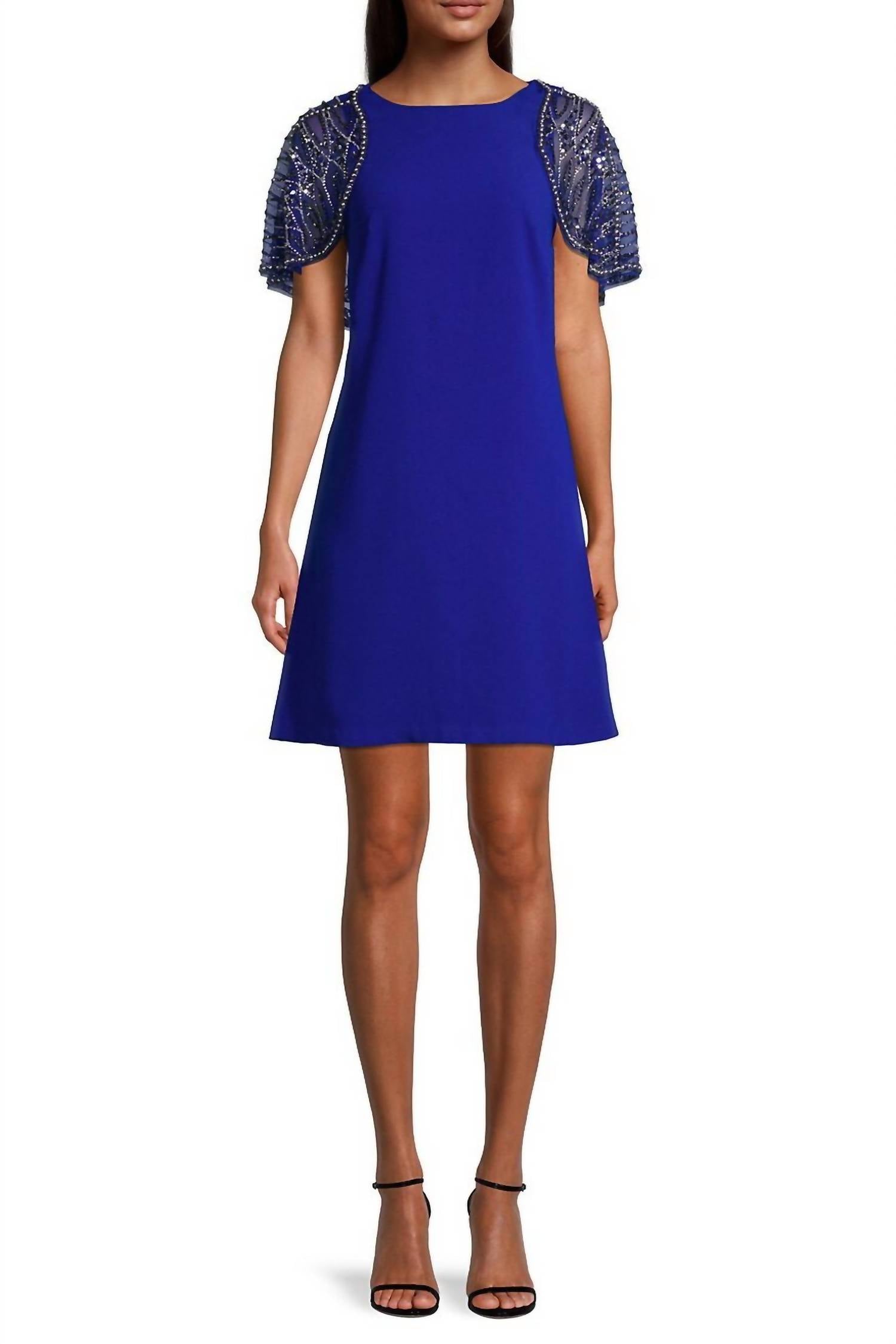 Aidan Mattox - Boat Neck Embellished Mesh Cape Scuba Dress