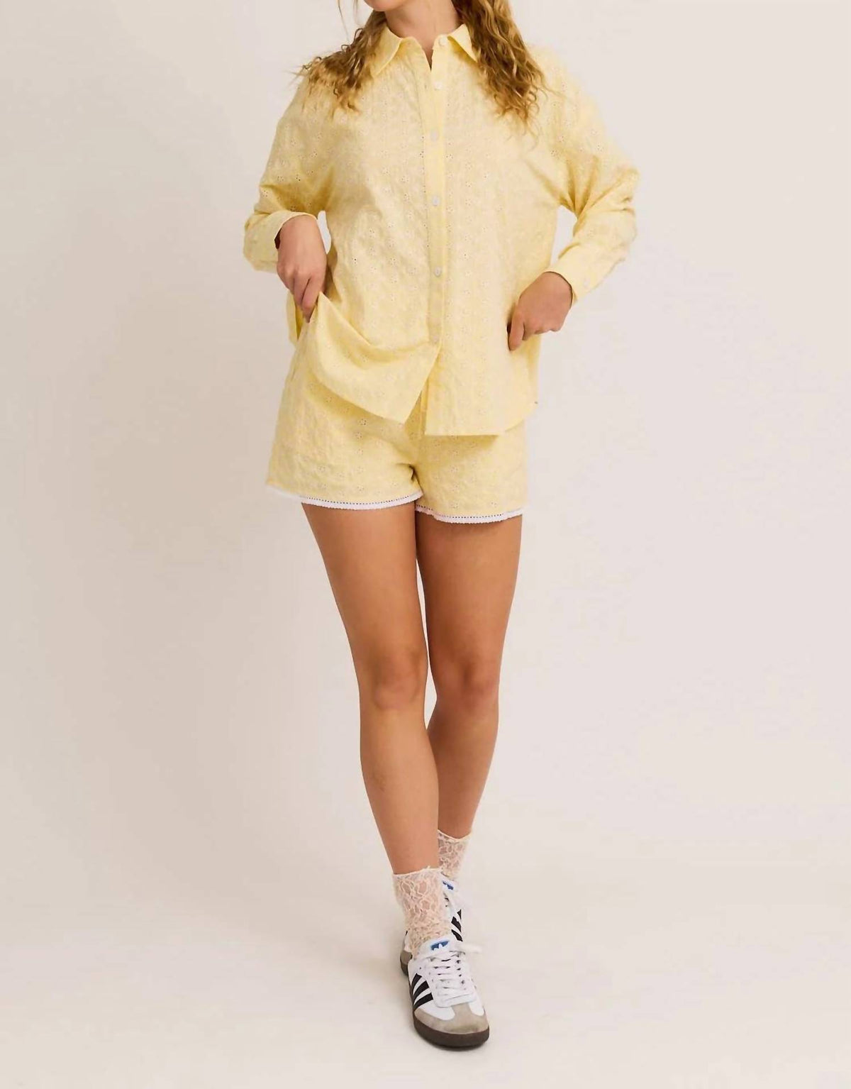 Le Lis - Eyelet Button Down Lace Trim Shorts & Head Scarf Three-Piece Set