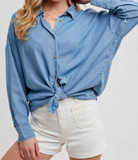 BluIvy Denim Tencel Dolman Sleeve Button Down Shirt in blue - women's shirt
