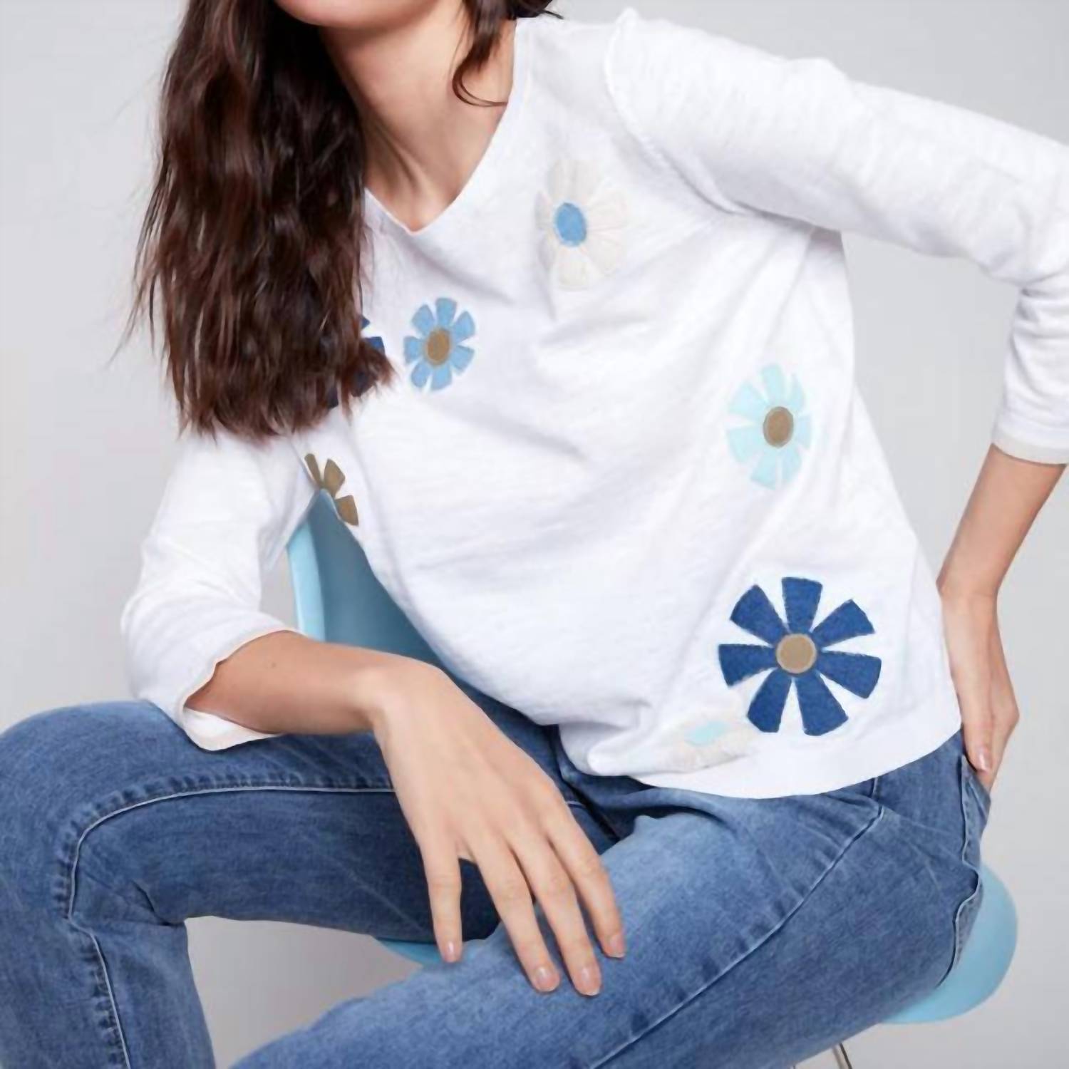 CHARLIE B Flower Power Sweater in white - women's long sleeve top - detail view