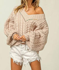 Bibi - Stitch Edge Cable Knit V-neck Sweater Top