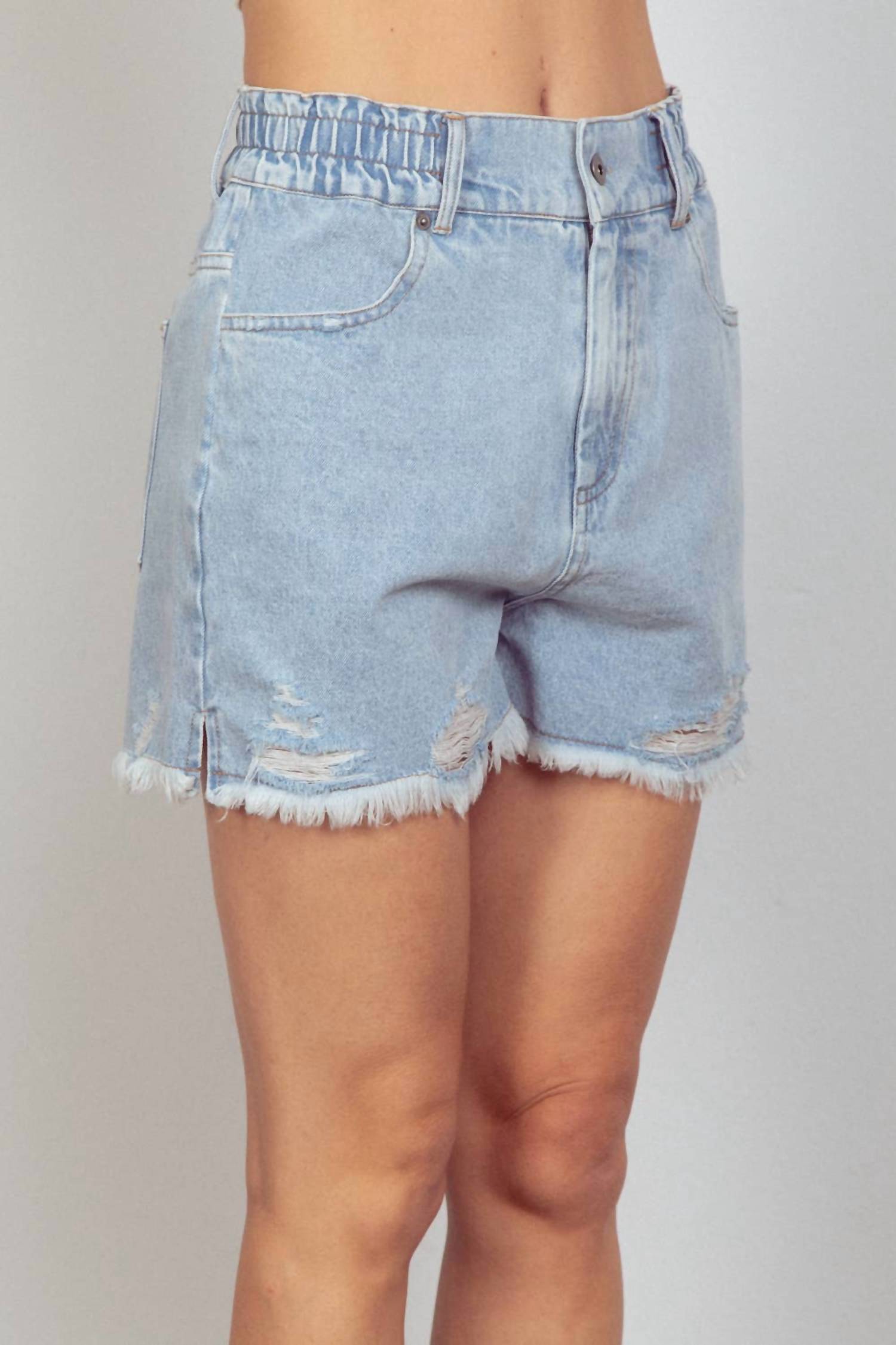New In - Elastic High Waist Distressed Washed Denim Shorts