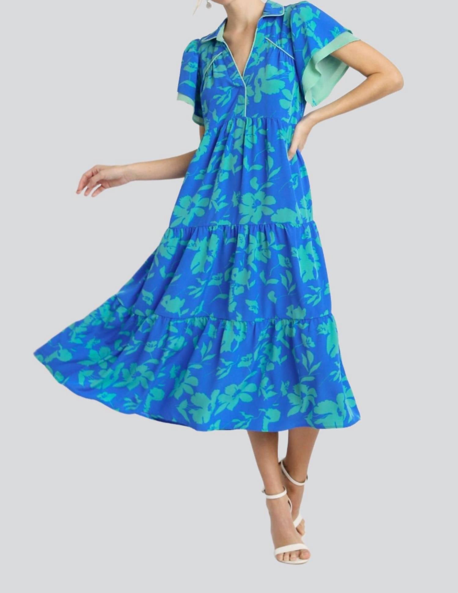 Umgee - Two Tone Floral Print Tiered Dress