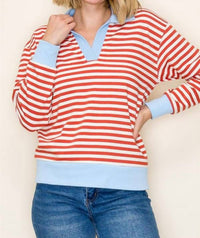 STACCATO Turner Striped Collared Top in orange - women's long sleeve top
