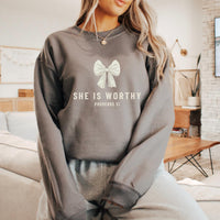 Birdie She Is Worthy Graphic Crewneck Sweatshirt in charcoal - women's top - detail view