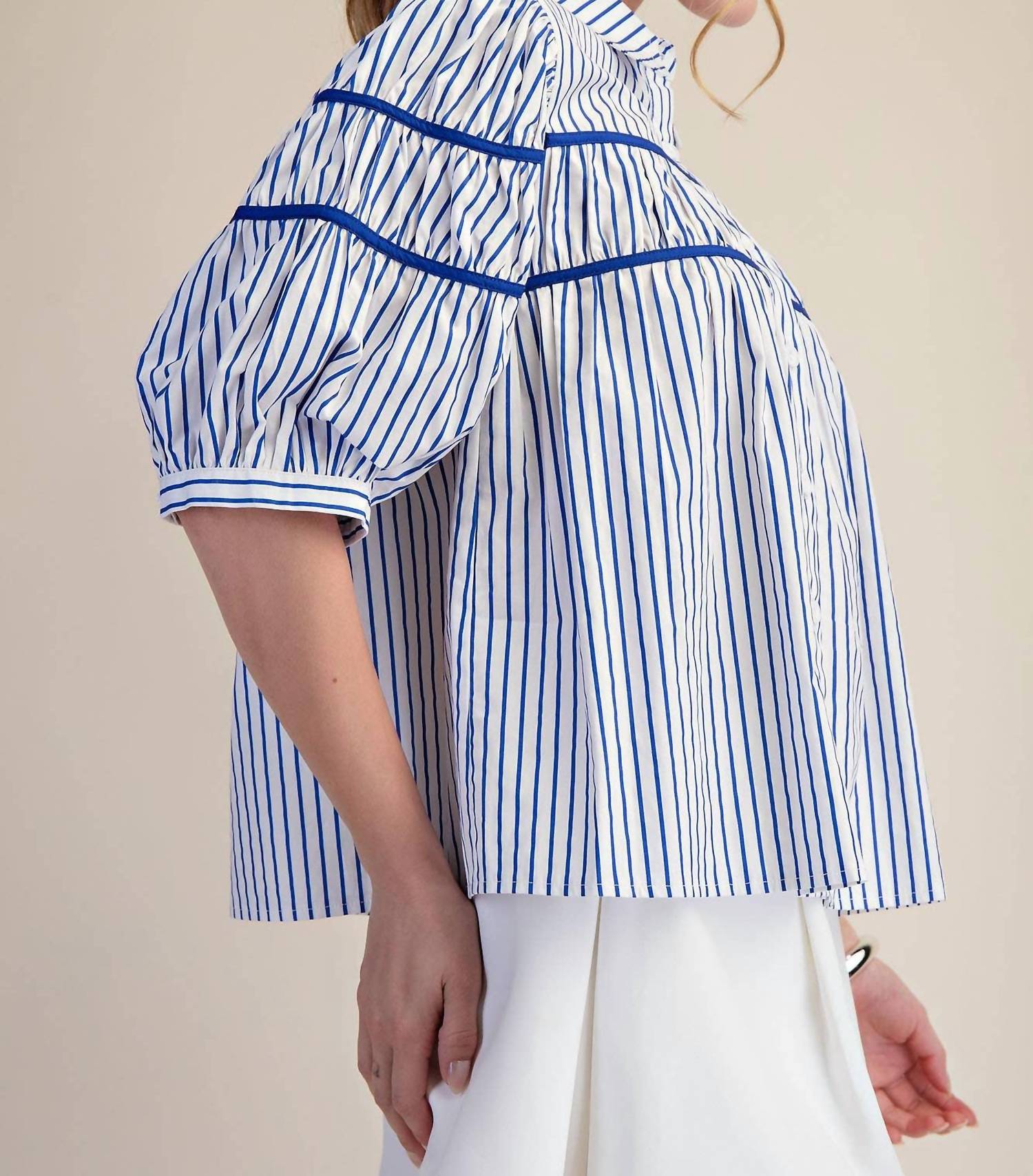 Glam - Puff Sleeve Contrast Detail Stripe Shirt Top