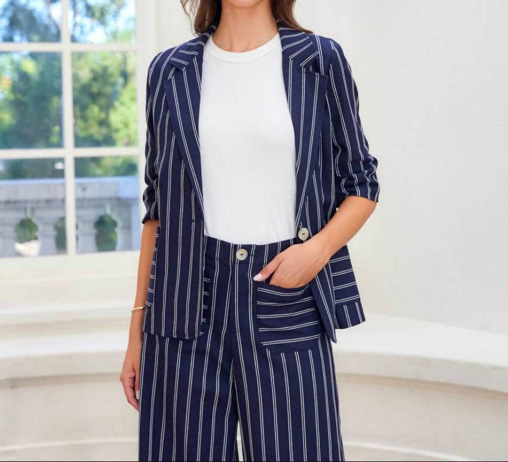 Karen Kane - Stripe Ruched Sleeve Jacket