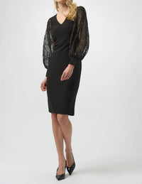 Joseph Ribkoff V-neckline Long Mesh Puff Sleeves Sheath Dress in black - women's dress