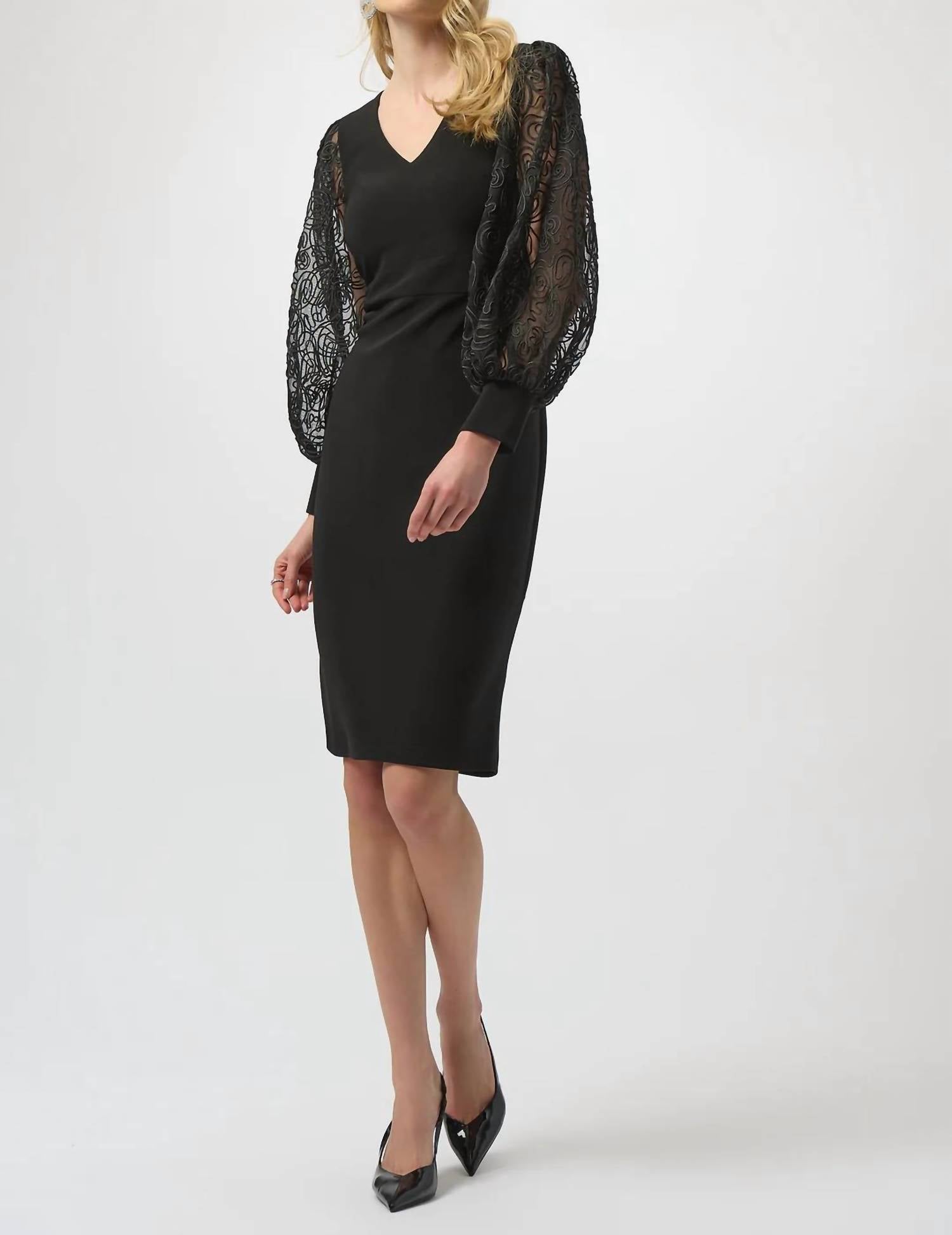 Joseph Ribkoff V-neckline Long Mesh Puff Sleeves Sheath Dress in black - women's dress